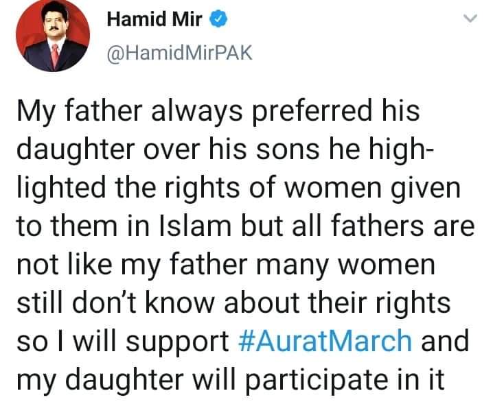 Hamid Mir Announces to participate in the Aurat Azadi March along with his daughter. 