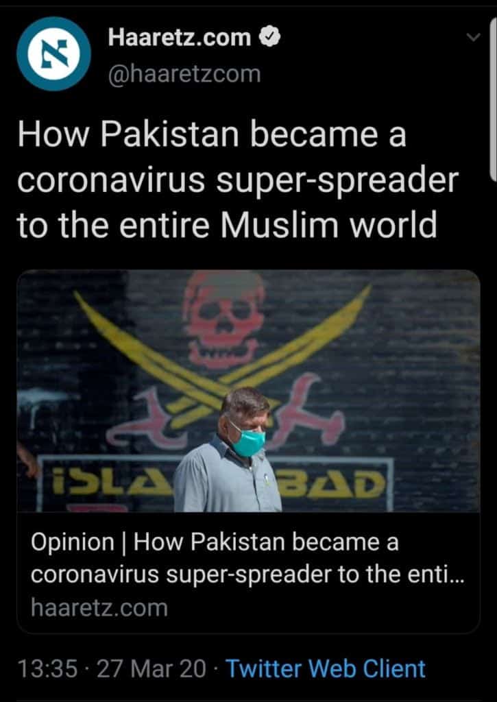 Israeli media accuses Pakistan for spreading Coronavirus in the Muslim world