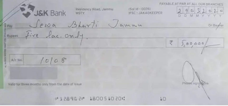 Check of donation by Khalida Begum on the name of Sewa Bharti Jammu, a RSS affiliated welfare organisation
