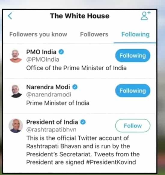 White house was following Narendra Modi and official Twitter account of PMO India