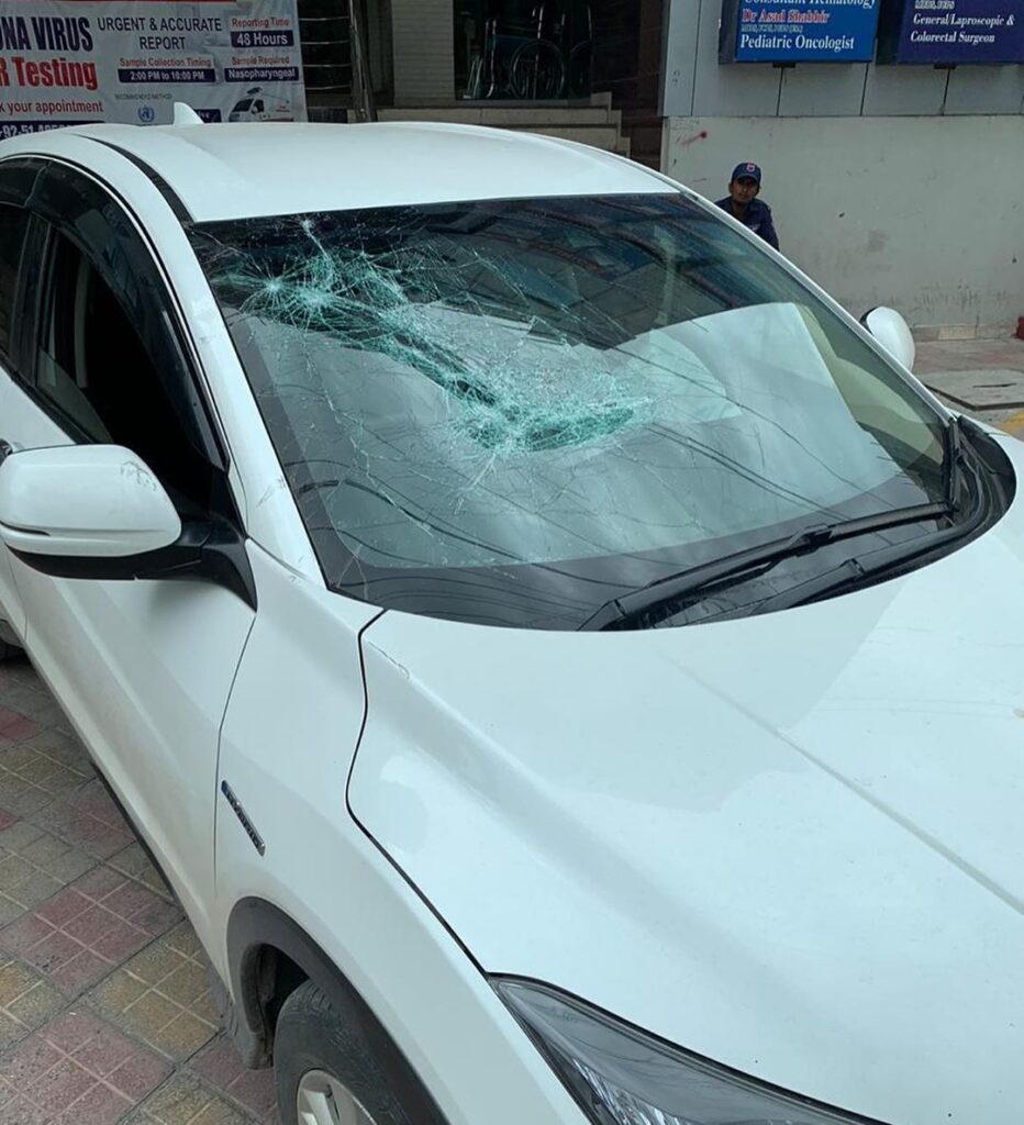 Car of Bisma Chaudhry which was broken by Zoobia Meer and her mother