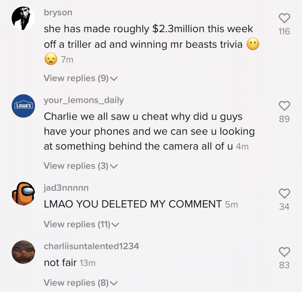 People comment after Charli D'amelio and Dixie D'amelio caught cheating in Mr Beast's 300,000 USD Trivia challenge 