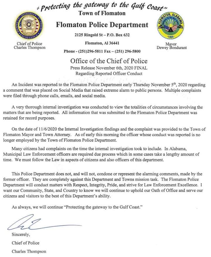 Flomaton police department issues a press release in the reference to Captain Scott Walden's controversial statement 