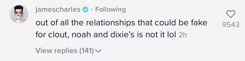 James Charles responds to Alexandra Cooper over her claim about the relationship of Dixie Damelio and Noah Beck 