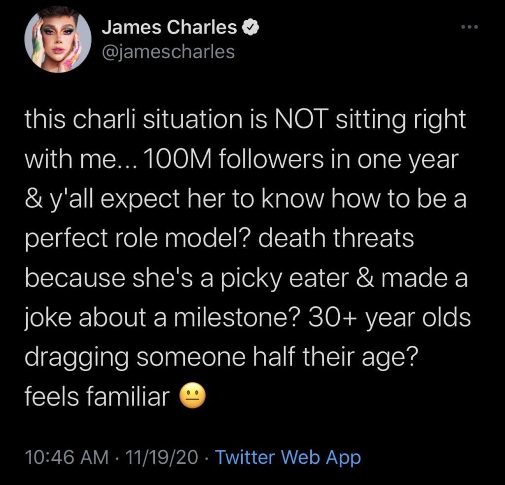 YouTuber James Charles responds to Charli D’Amelio losing 1M followers in under 24 hours and the backlash. James says “feels familiar” 