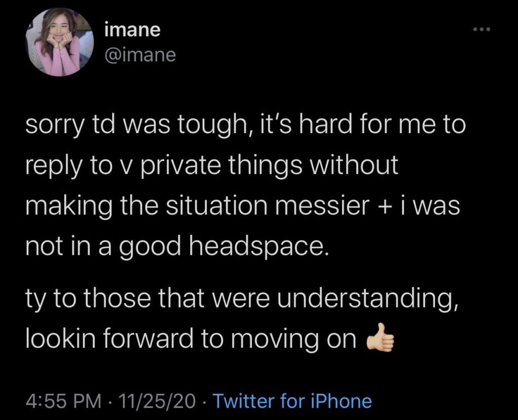 Pokimane responds to backlash she’s been getting for flippant manner with which she addressed situation with Fedmyster. Poki says “it’s hard for me to reply to very private things without making the situation messier.”
