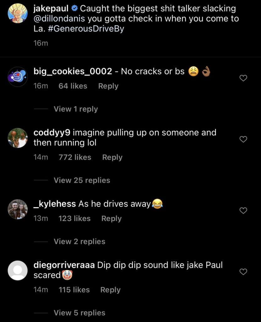 Screenshot of Jake Paul's Instagram post sharing his video in which he was throwing stuff on Dillon Danis 