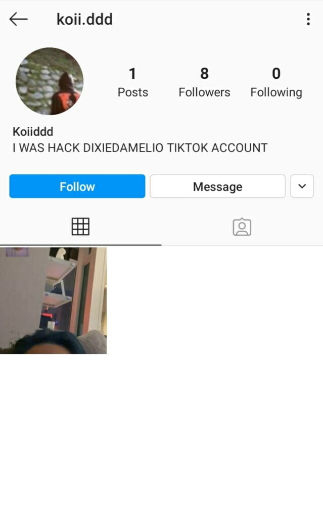 Screenshot of suspected Hacker's Instagram page