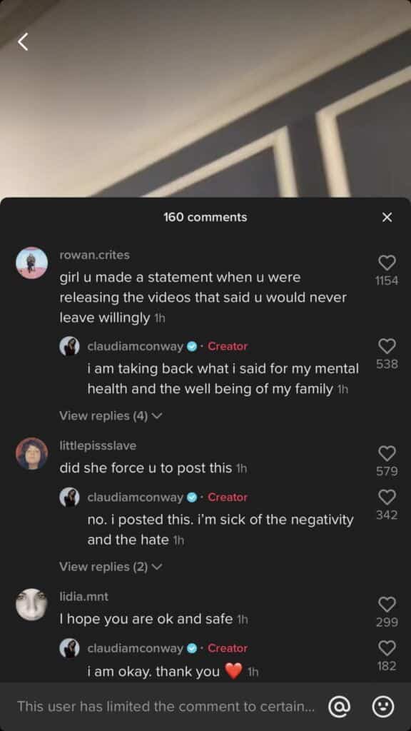 Comments under Claudia Conway's TikTok video explaining the situation after her mother leaked her picture on Twitter story