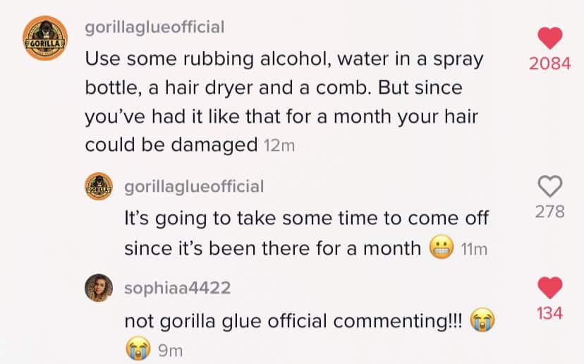 Gorilla Glue official social media account has an advice for the woman to help her removing Gorilla glue from her hairs