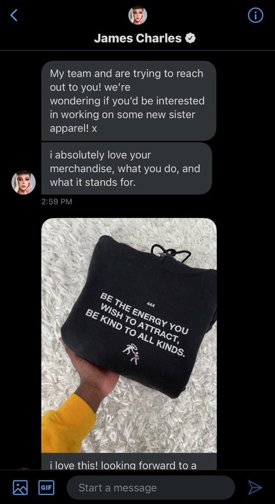 James Charles reaches out to merch Designer and offers him to work with his team