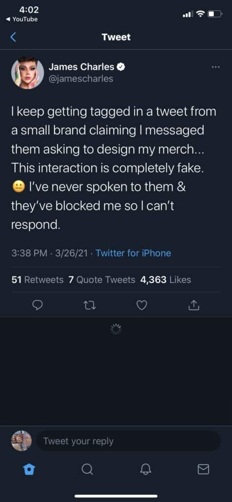 James Charles responds to merch designer by saying that he never spoke to them (Denzel Canvas)