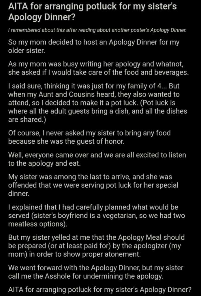 Screenshot of the Reddit thread where a woman tells about arranging an apology dinner for her elder sister