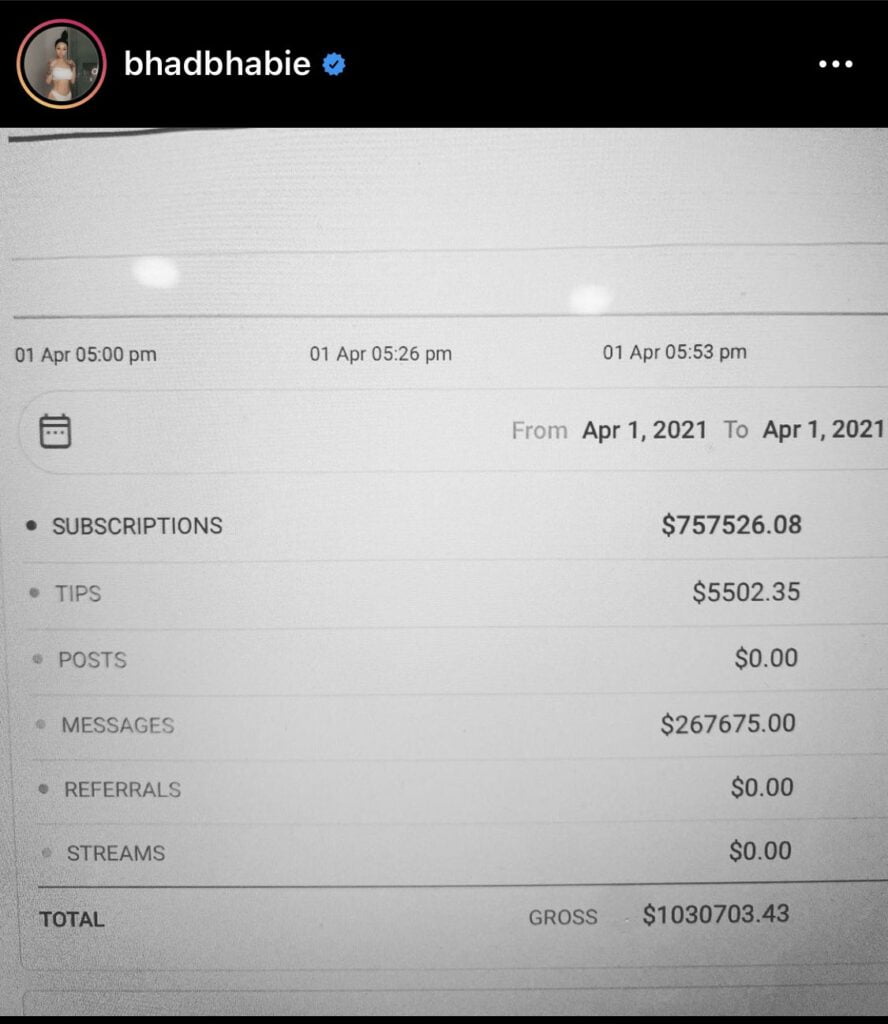 Bhad Bhabie shared this Screenshot showing the details of money she racked up during six hours after joining the OF