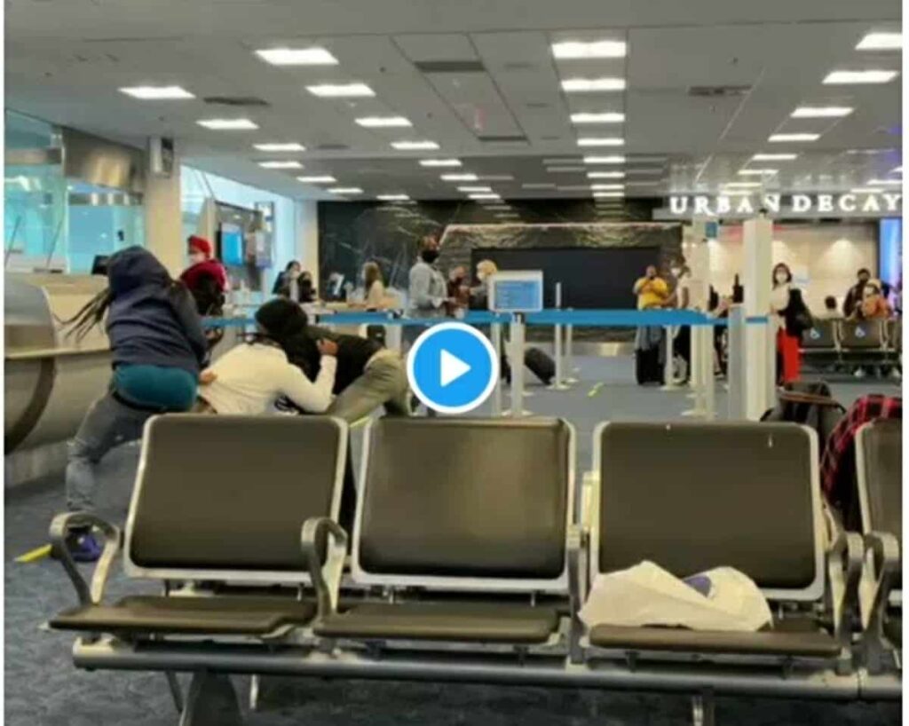 the large brawl involving multiple passengers was caught on video today at Miami International Airport in the D-concourse outside of the Urban Decay store.