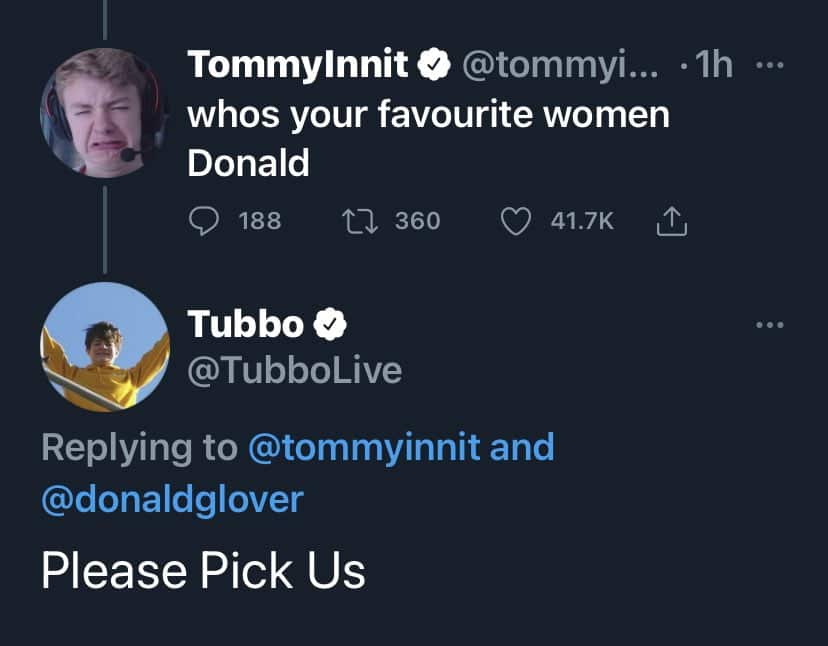 Screenshot of the tweet in which Tommyinnit asked Donald Glover "whos your favourite women Donald", after which Donald Glover deleted his all tweets from his Twitter page 