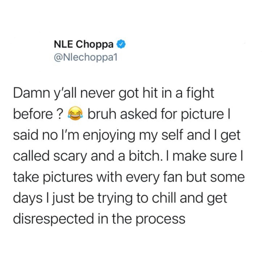 Screenshot of the tweet NLE Choppa wrote in the response to his fight video 