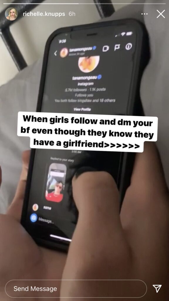 This Screenshot shows Tana Mongeau's messages to Gabriel Jayne, the boyfriend of an Instagram model Richelle Knupps.