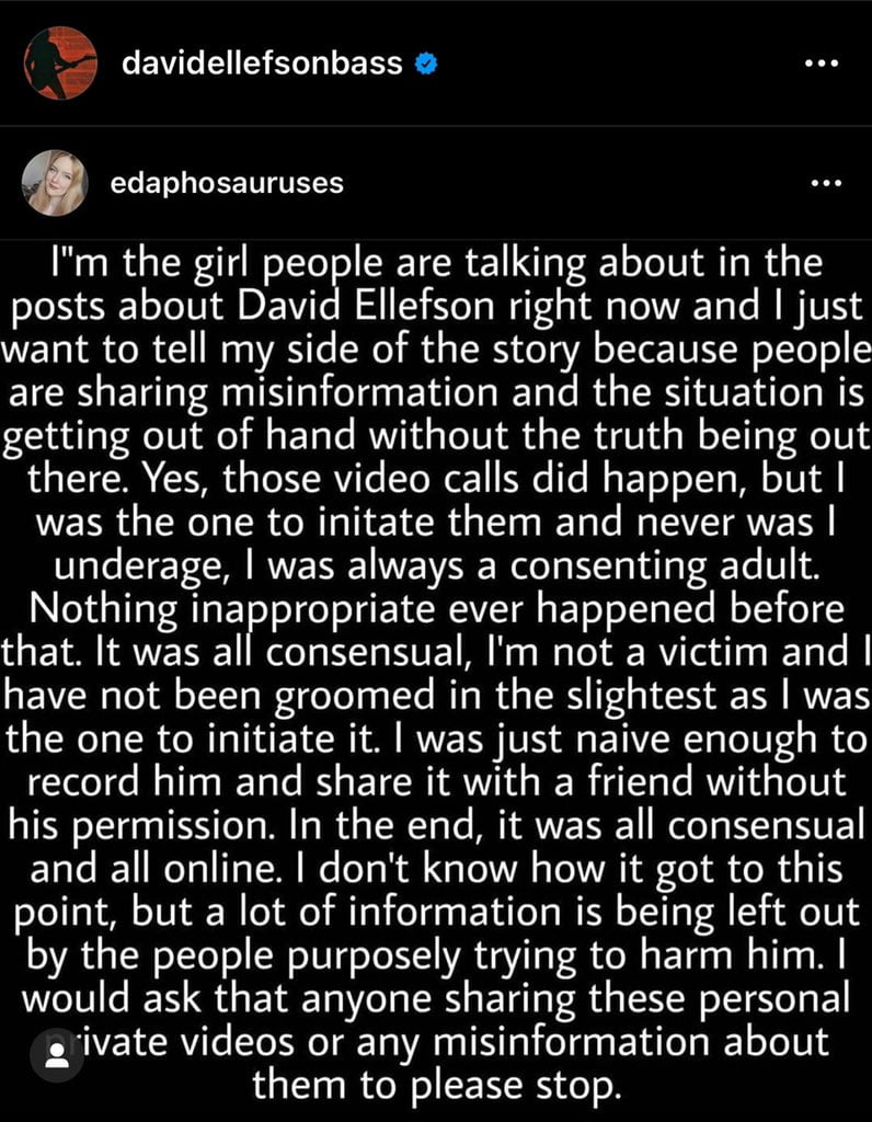 Statement of the girl in the leaked videos of David Ellefson 