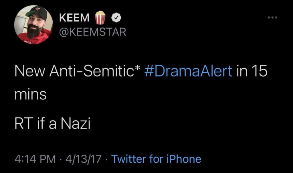 Screenshot of Keemstar's antisemitic tweets from 2017