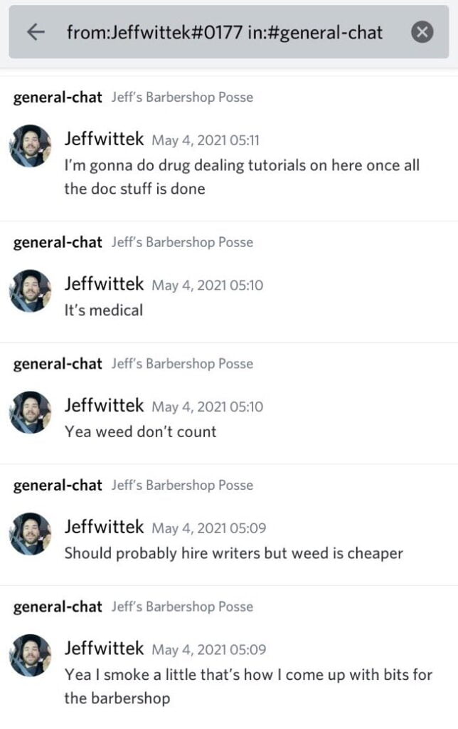 Screenshot of Jeff Wittek's leaked Discord messages