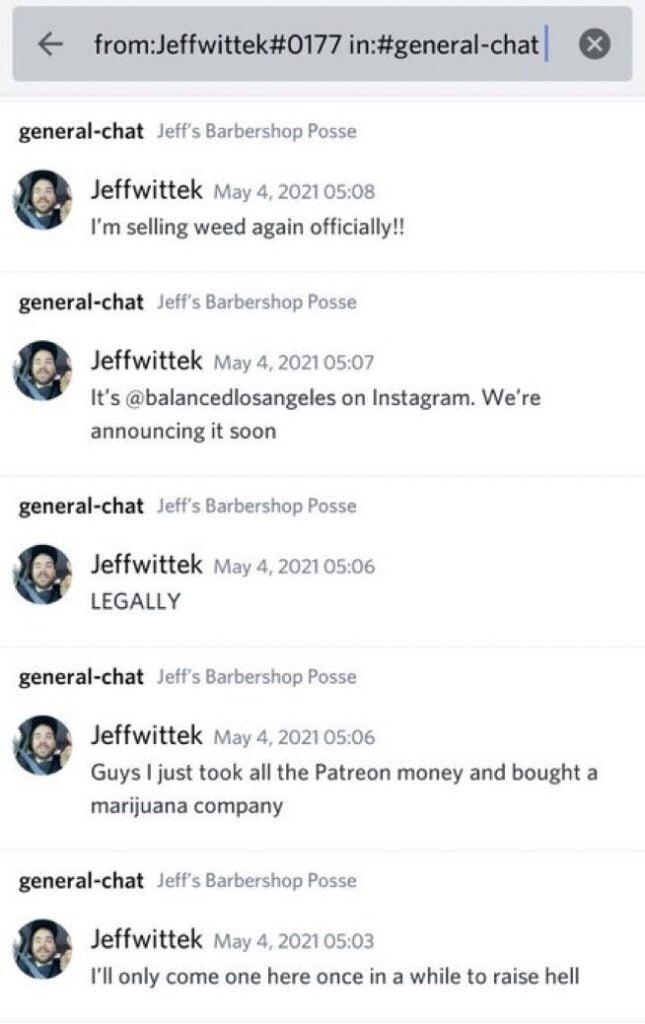 Jeff Wittek leaked messages from Discord shows he is going to start weed business 