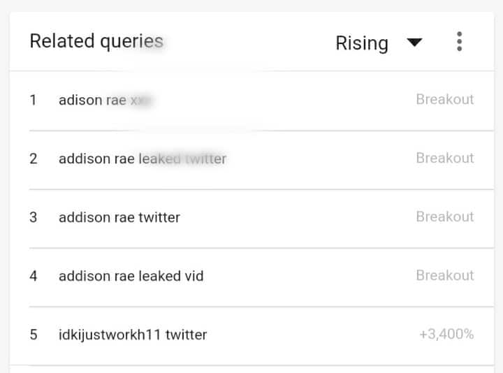 Screenshot of top trending searches on web related to Addison Rae leaked video 
