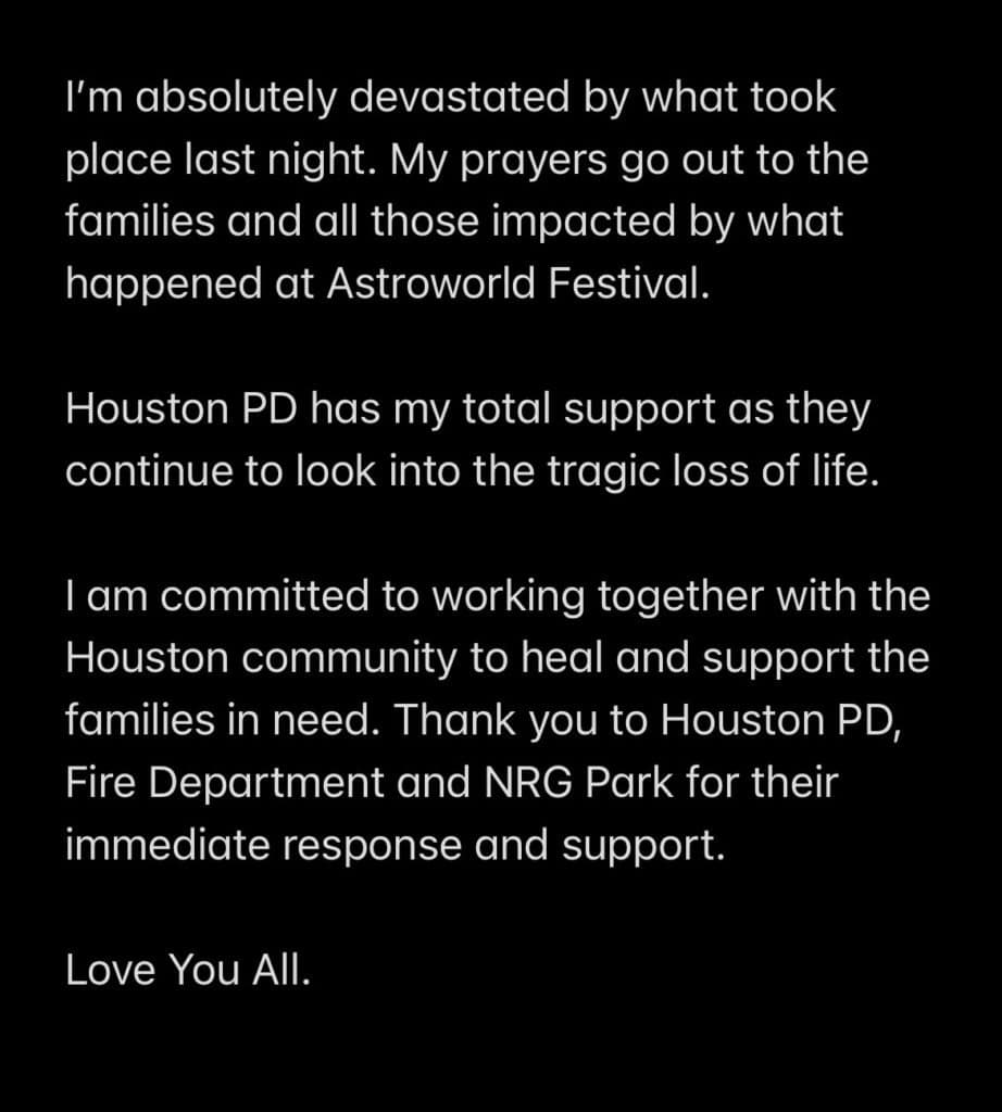 Statement of Travis Scott after the Astroworld Festival incident 