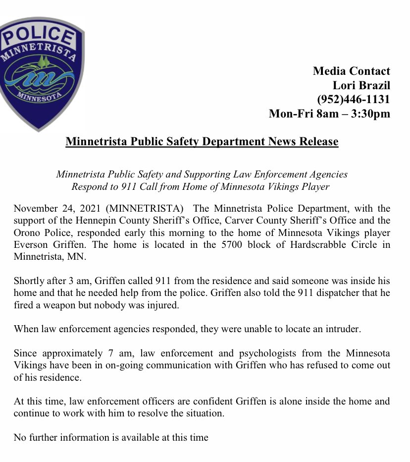 Minnetrista police statement regarding the situation of Everson Griffen 