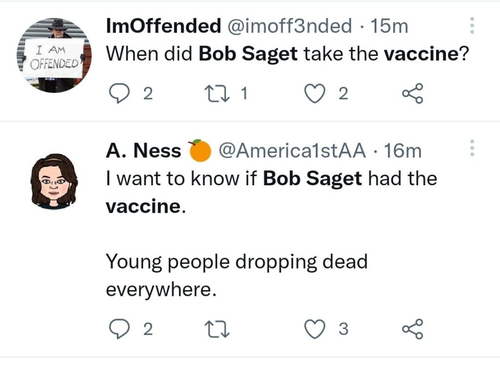 Screenshot of the tweet suggesting COVID vaccine was the cause of Bob Saget's death 