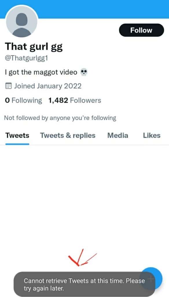Screenshot shows Thatgurlgg1 Twitter account has been suspended and its tweets have been removed and vanished