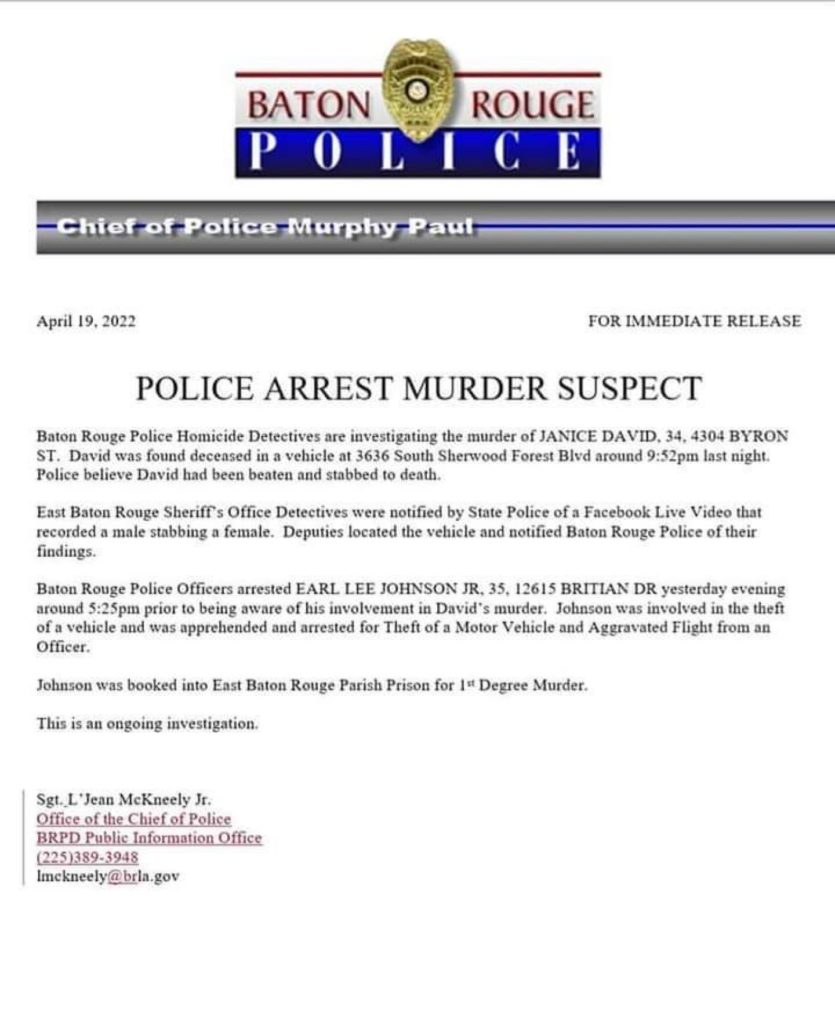 Press release of Baton Rouge police regarding the arrest of Earl Johnson Lee in the suspicion of Janice David's murder