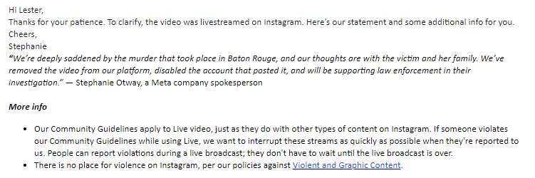 Response of Facebook's representative over the video of woman stabbed on Facebook live (which was actually Instagram live)