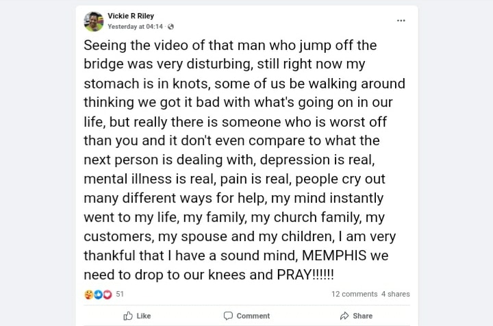 Screenshot of the Facebook post narrating feelings after seeing the Sam Cooper's video of a man jumping off the bridge 