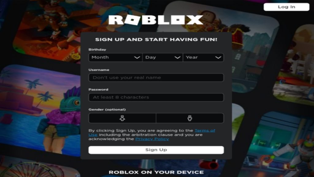 screenshot of Roblox that shows how to register new account on Roblox