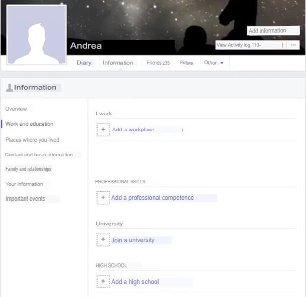 Screenshot of Facebook Profile Page