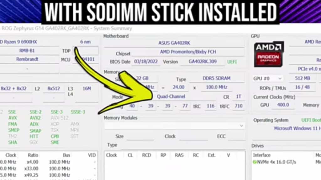 G14 running with SODIMM Stick installed Hardware Info shows it as running in a quad-channel