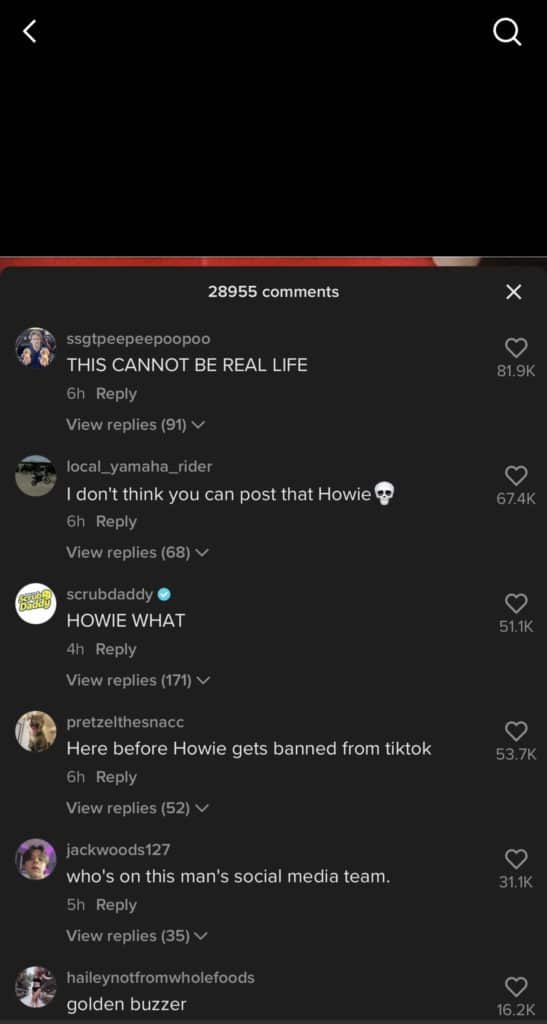 Screenshot image of Comments under Howie Mandel TikTok video 