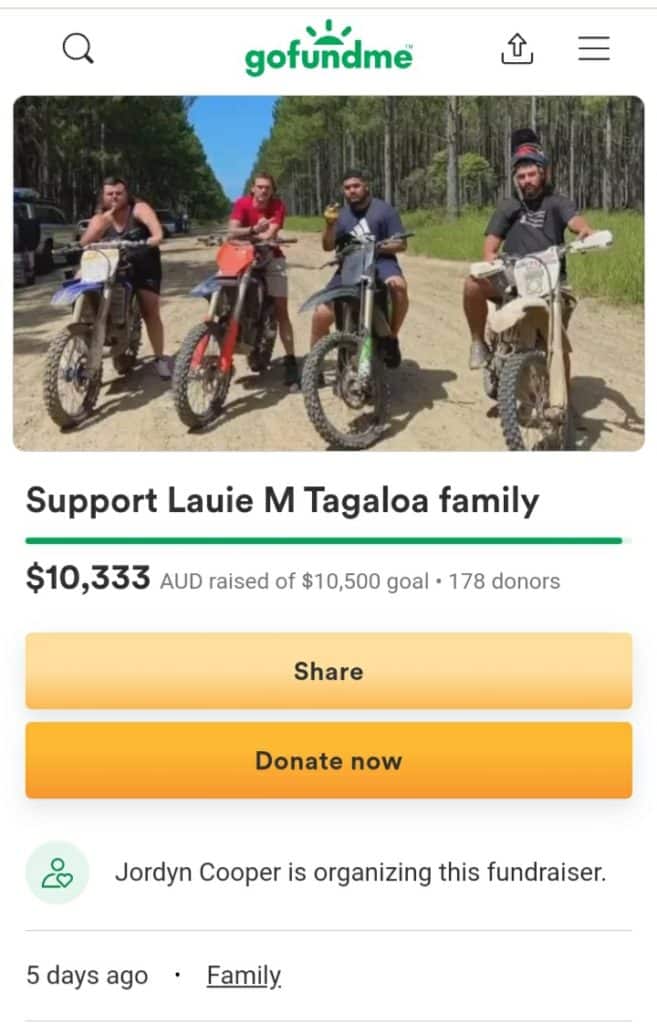 Screenshot image of GoFundMe campaign page for Laurie Michael Tagaloa