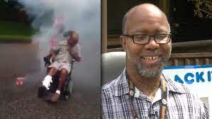 The video, which has been watched more than 4 million times, shows Davis struggling to get his broken wheelchair back on its wheels while fireworks go off all around him. His cousin, who is recording the video, can be heard saying, "Back up, Terry!" in a famous part of the video.