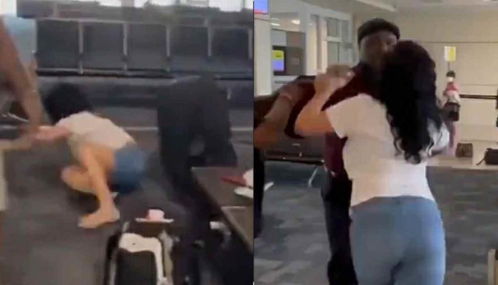 Screenshot image taken from the viral video which shows Spirit Airlines agent engaging into physical altercation with a woman at DFW Airport 