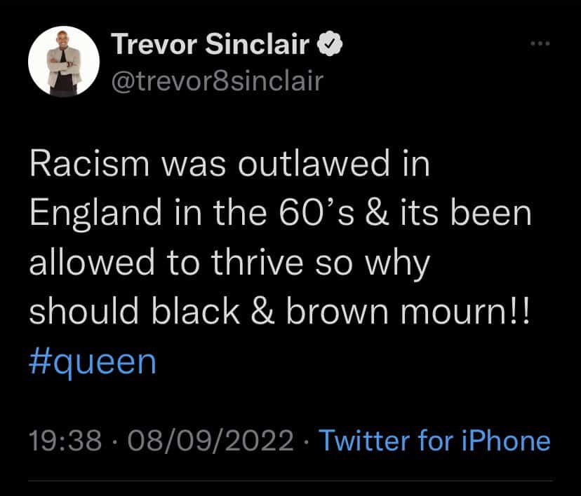 Screenshot image of Trevor Sinclair's deleted tweet 