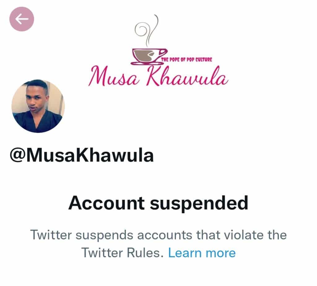 Screenshot of Musa khawula Twitter account which has been suspended now