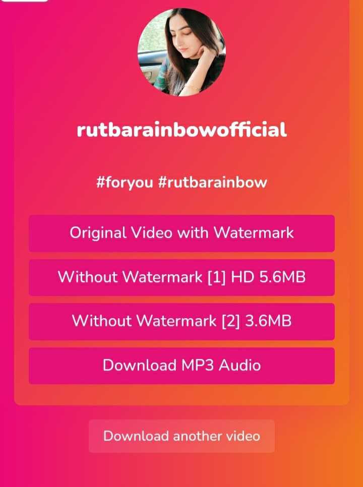 Screenshot image of available formats which you will see after hitting the "download" button on NO watermark TikTok video downloader HD