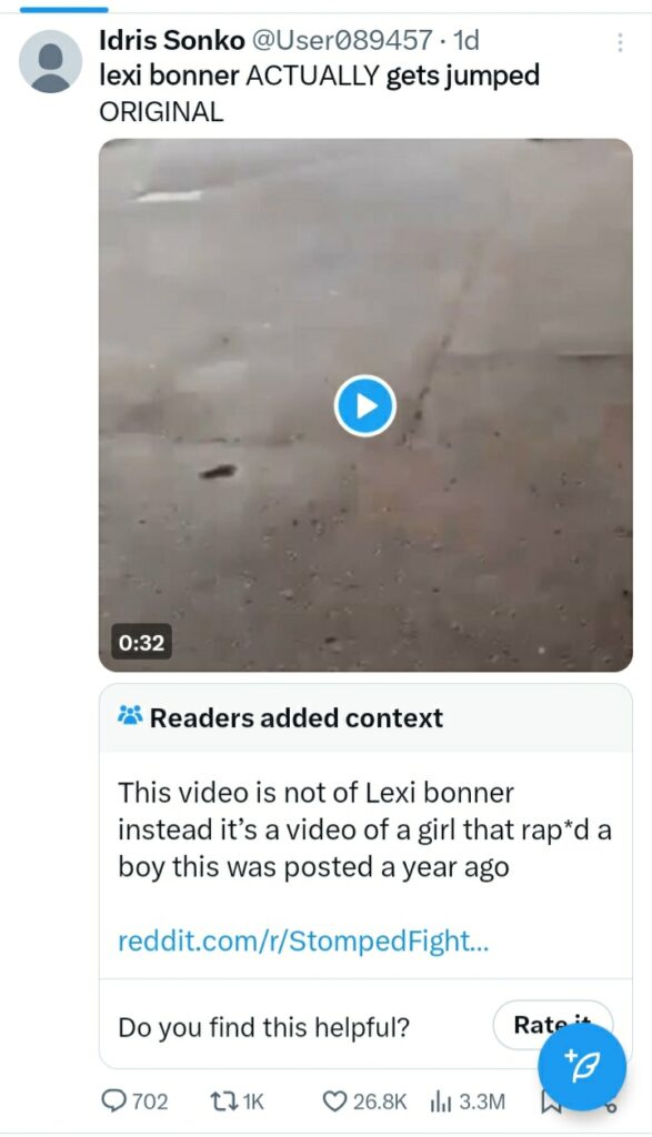 Screenshot of a Twitter post which claims Lexi Bonner getting jumped