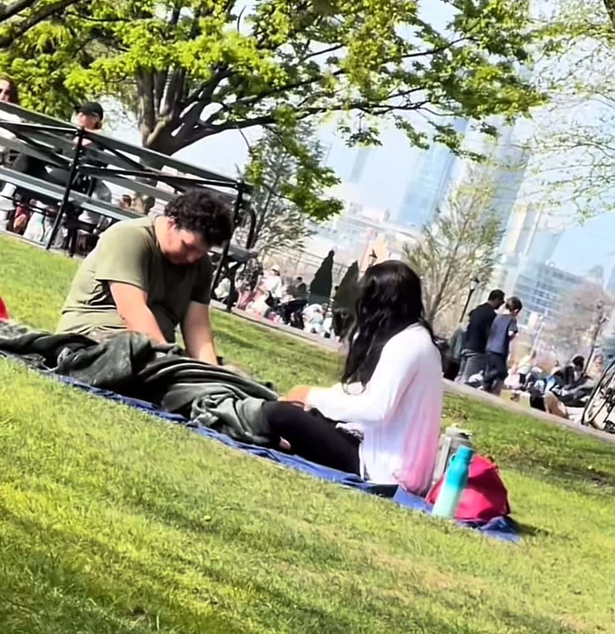 New York city Blanket couple sitting in the park 